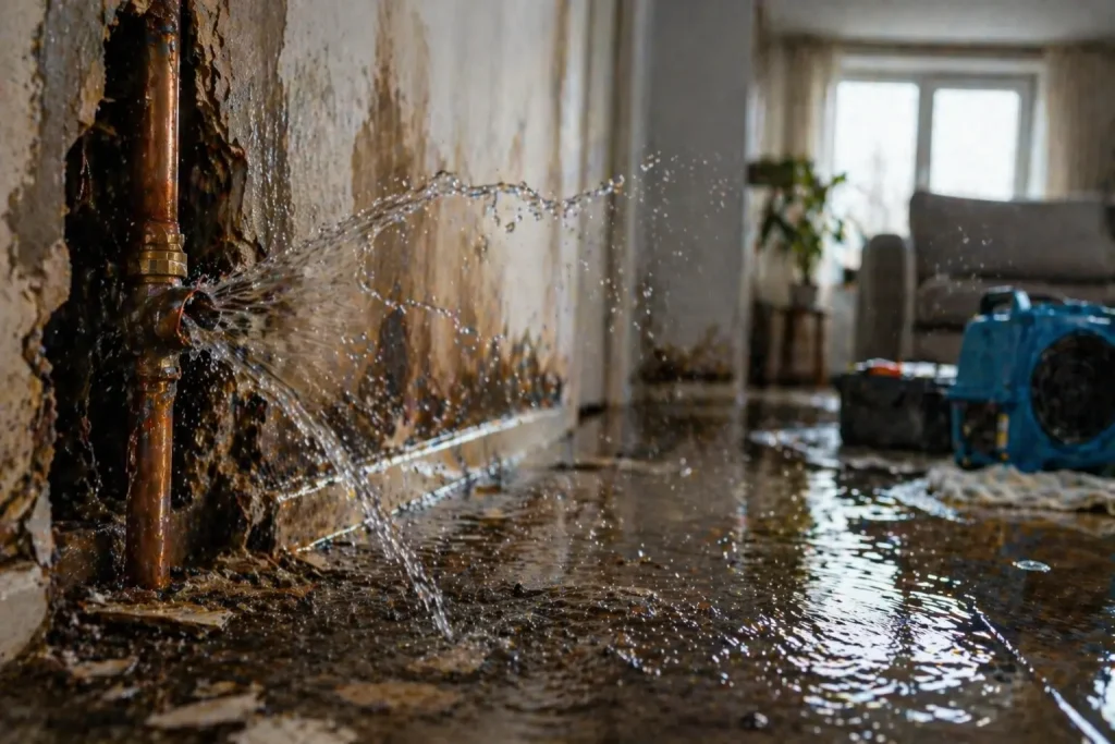 Rohrbruch mit spritzendem Wasser – typisches Warnsignal